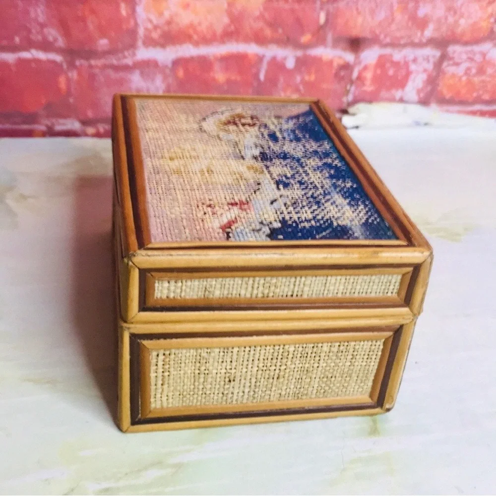 Vintage MCM Woven Rattan Bamboo Naitical Trinket Box